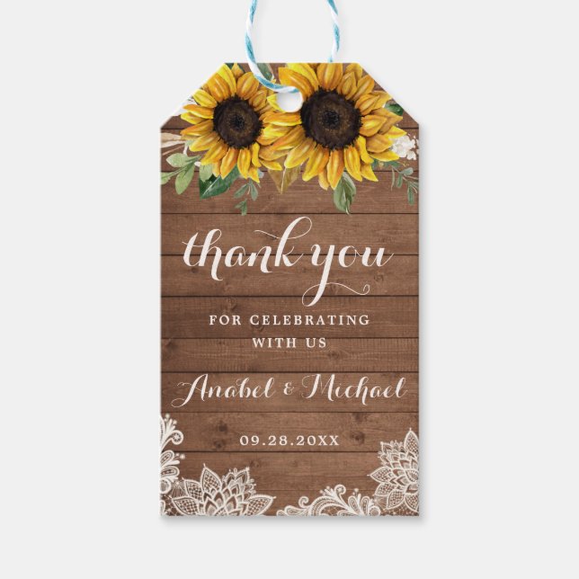 Rustic Wood Sunflower String Light Lace Gift Tags (Front)