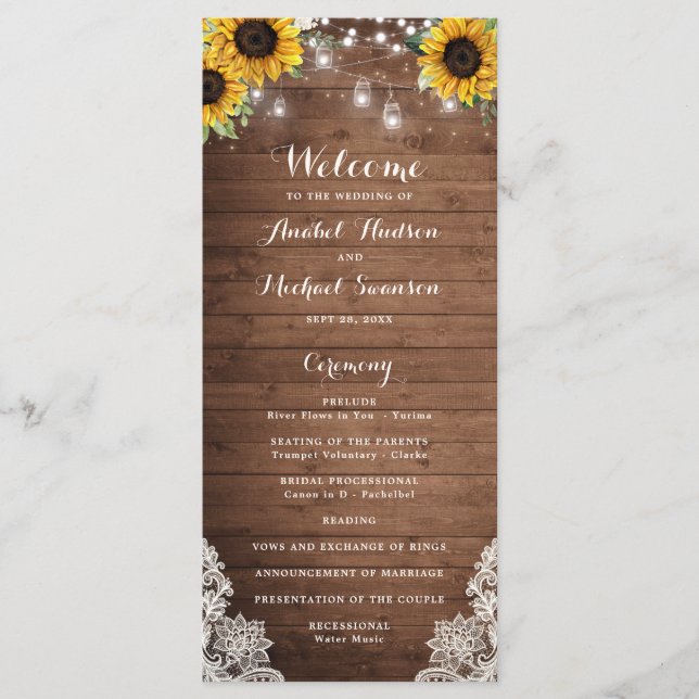 Rustic Wood Sunflower String Lights Lace Mason Jar Programme (Front)