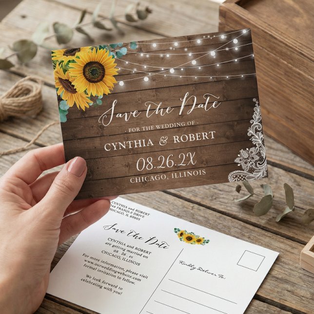 Rustic Wood Sunflower String Lights Save the Date Postcard (Creator Uploaded)