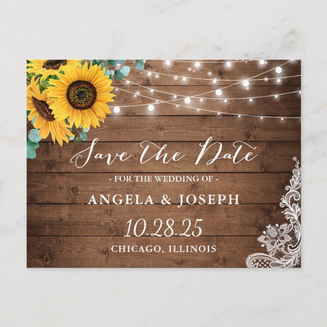 Rustic Wood Sunflower String Lights Save the Date Postcard (Front)