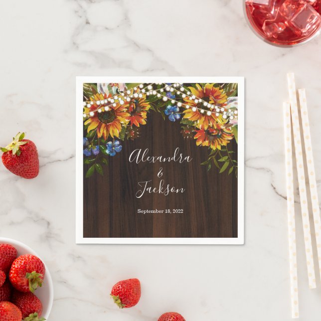 Rustic Wood Sunflower String Lights Wedding Napkin (Insitu)