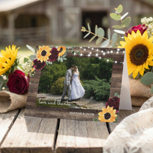 Rustic Wood Sunflower String Lights Wedding Photo  Thank You Card