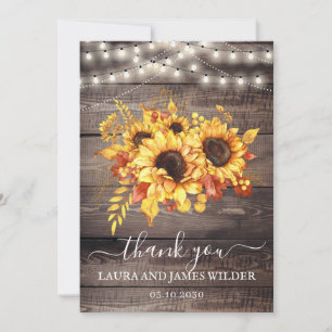 Rustic Wood Sunflower String Lights Wedding Thank You Card