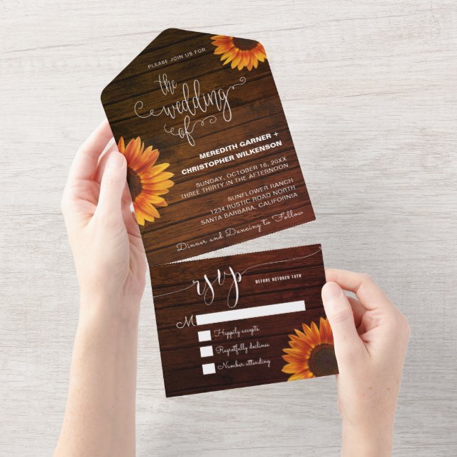Rustic Wood Sunflower Wedding All In One Invitation (Tearaway)