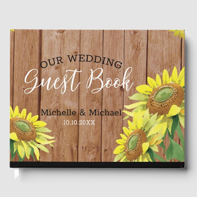 Rustic Wood Sunflower Wedding Couple Photo Guest Book (Front)