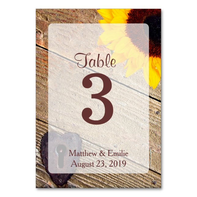 Rustic Wood Sunflower Wedding Table Numbers (Front)