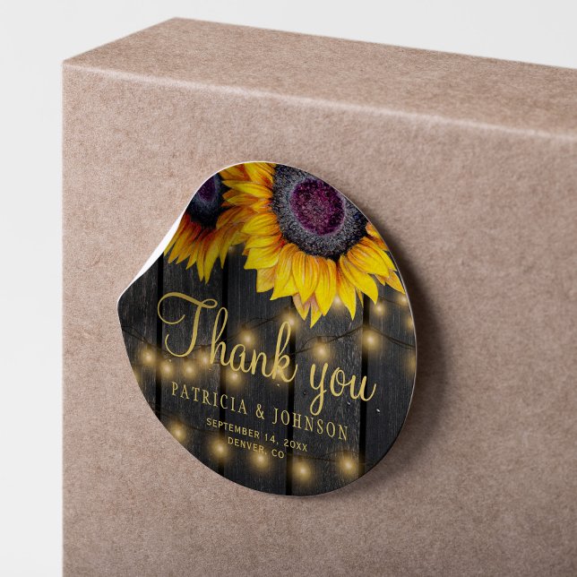 Rustic wood sunflower wedding thank you favour classic round sticker (Creator Uploaded)