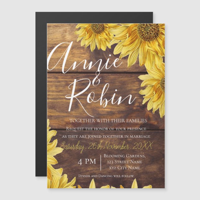 Rustic Wood Sunflower Wedding Thin Magnetic Card (Front/Back)