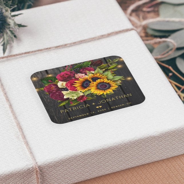 Rustic wood sunflowers and burgundy roses wedding square sticker (Creator Uploaded)