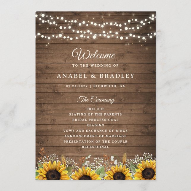 Rustic Wood Sunflowers Baby's Breath Wedding Programme (Front)