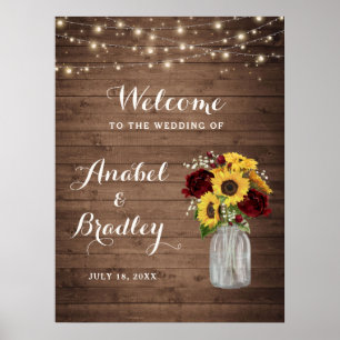 Rustic Wood Sunflowers Burgundy Jar Welcome Sign