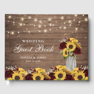 Rustic Wood Sunflowers Burgundy Marsala Wedding Guest Book