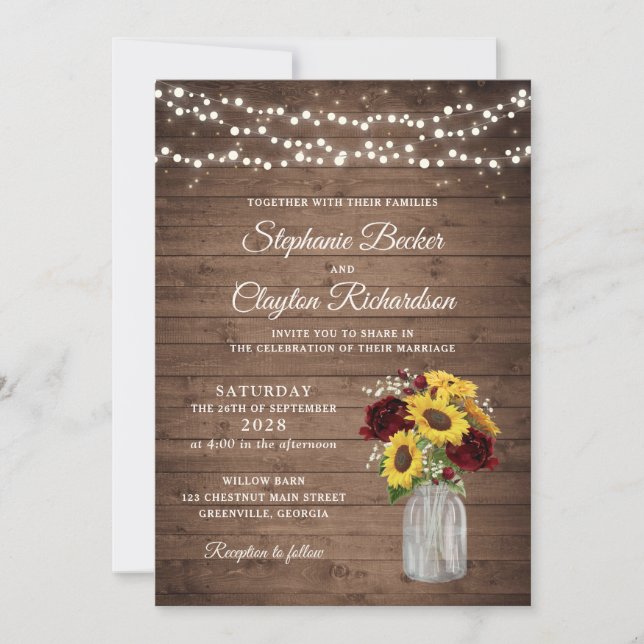 Rustic Wood Sunflowers Burgundy Mason Jar Wedding Invitation (Front)