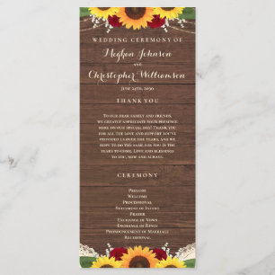 Rustic Wood Sunflowers Burgundy Red Roses Wedding Programme