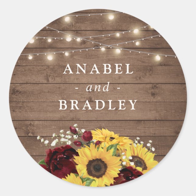 Rustic Wood Sunflowers Burgundy Seal Sticker (Front)