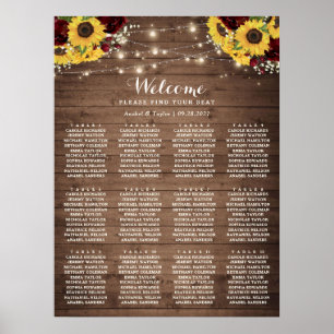 Rustic Wood Sunflowers Burgundy Seating Chart