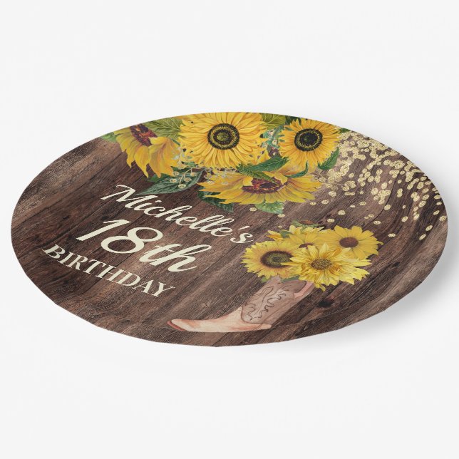 Rustic Wood Sunflowers Cowboy Boots 18th Birthday Paper Plate (Angled)