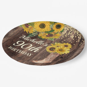 Rustic Wood Sunflowers Cowboy Boots 90th Birthday Paper Plate