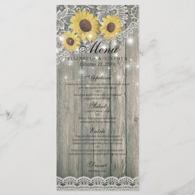 Rustic Wood Sunflowers Elegant Lace Wedding Menu (Front)