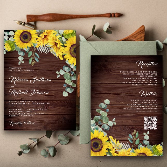 Rustic Wood Sunflowers Eucalyptus QR Code Wedding Invitation (Creator Uploaded)
