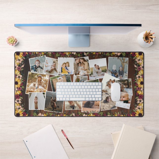 Rustic Wood Sunflowers Family 18 Photo Collage Desk Mat (Office 1)