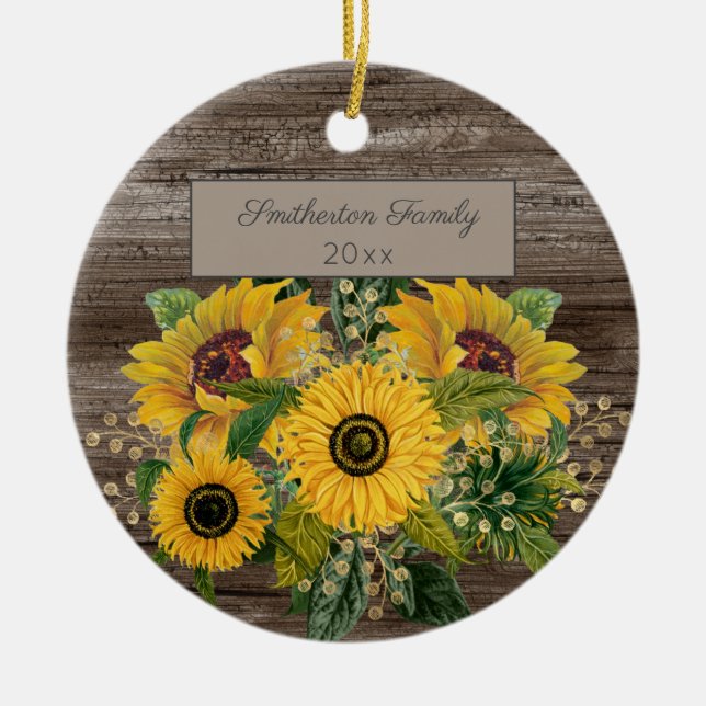Rustic Wood Sunflowers Family Name Year Ceramic Tree Decoration (Front)