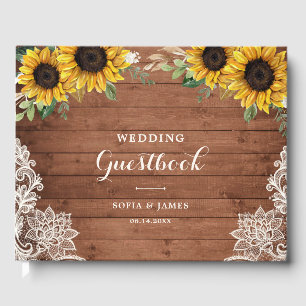 Rustic Wood Sunflowers Greenery Lace Wedding Guest Book
