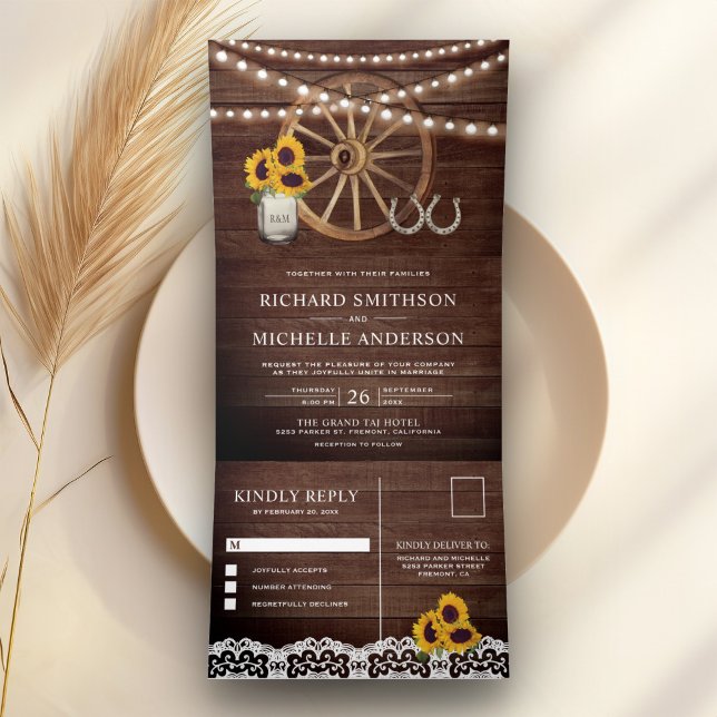 Rustic Wood Sunflowers Horseshoe Western Wedding Tri-Fold Invitation (Creator Uploaded)