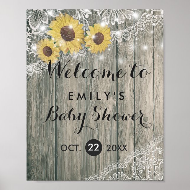 Rustic Wood Sunflowers Lace Baby Shower Welcome Poster (Front)
