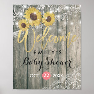 Rustic Wood Sunflowers Lace Baby Shower Welcome Poster