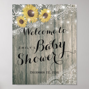 Rustic Wood Sunflowers Lace Baby Shower Welcome Poster