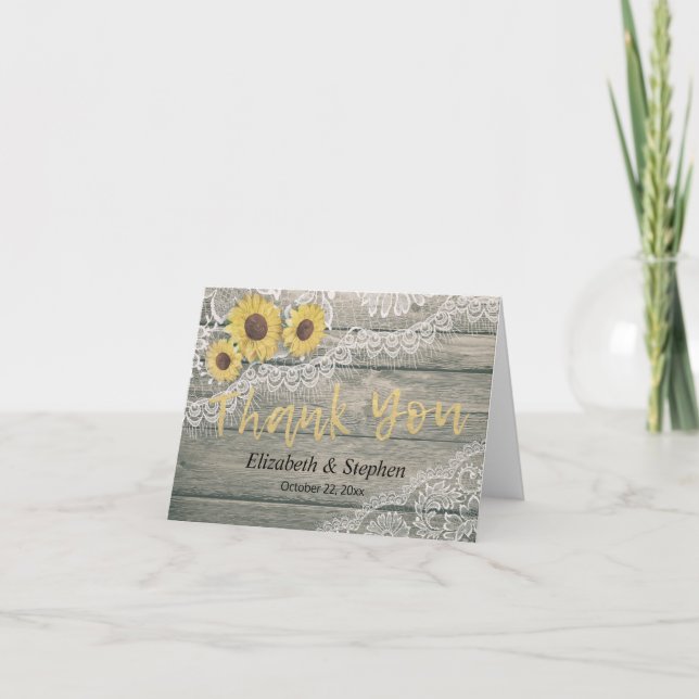 Rustic Wood Sunflowers Lace Barn Wedding Thank You (Front)