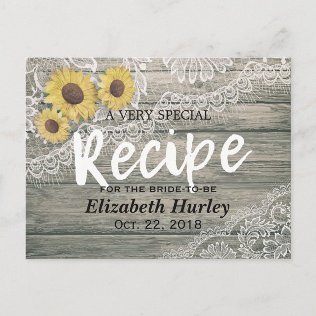 Rustic Wood Sunflowers Lace Bridal Shower Recipe Invitation Postcard (Front)