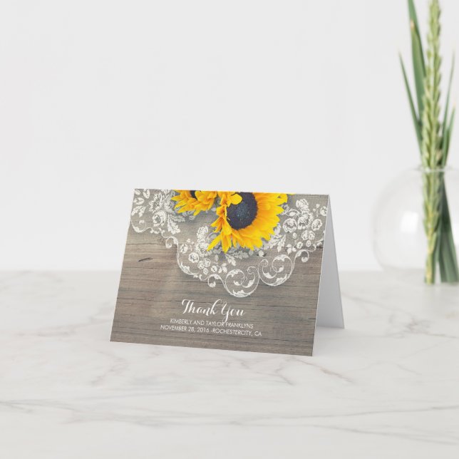 Rustic Wood Sunflowers Lace Wedding Thank You Card (Front)