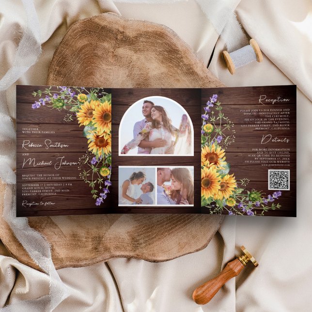 Rustic Wood Sunflowers Lavender QR Code Wedding Tri-Fold Invitation (Creator Uploaded)