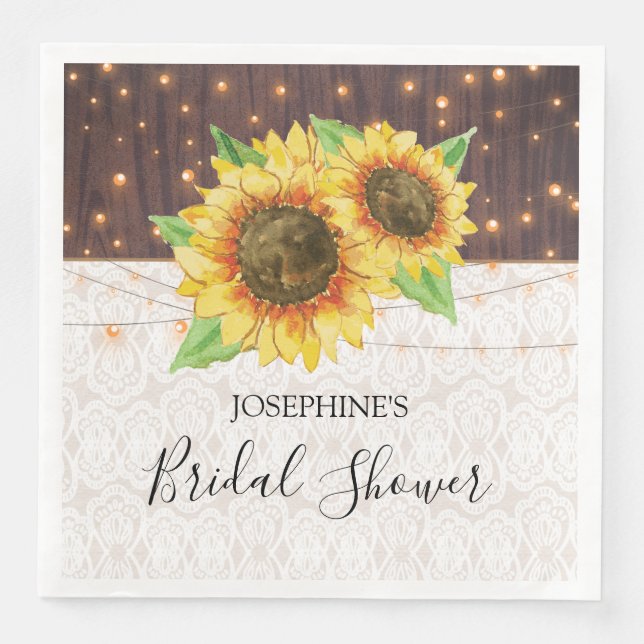Rustic Wood Sunflowers Lights Lace Bridal Shower Napkin (Front)