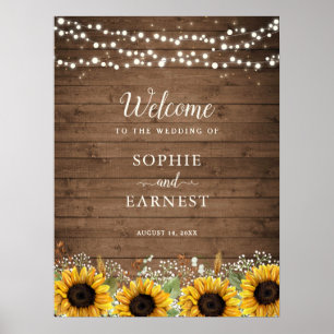 Rustic Wood Sunflowers Lights Wedding Welcome Sign