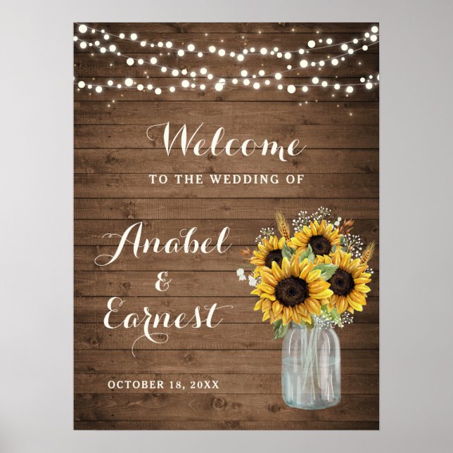 Rustic Wood Sunflowers Lights Wedding Welcome Sign (Front)