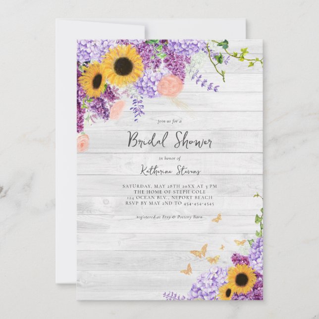 Rustic Wood Sunflowers Lilac Floral Bridal Shower Invitation (Front)