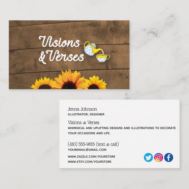 Rustic Wood & Sunflowers Maker Logo Business Card (Front/Back)