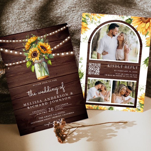 Rustic Wood Sunflowers Mason Jar QR Code Wedding Invitation (Creator Uploaded)