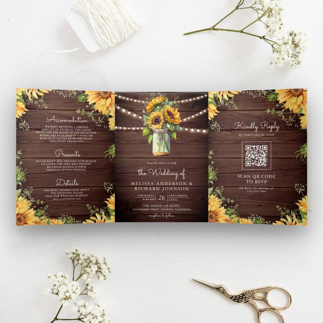 Rustic Wood Sunflowers Mason Jar QR Code Wedding Tri-Fold Invitation (Creator Uploaded)