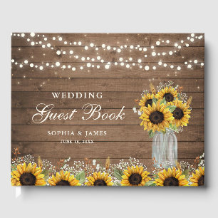 Rustic Wood Sunflowers Mason Jar Wedding Guest Book