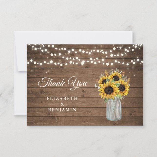 Rustic Wood Sunflowers Mason Jar Wedding Thank You (Front)