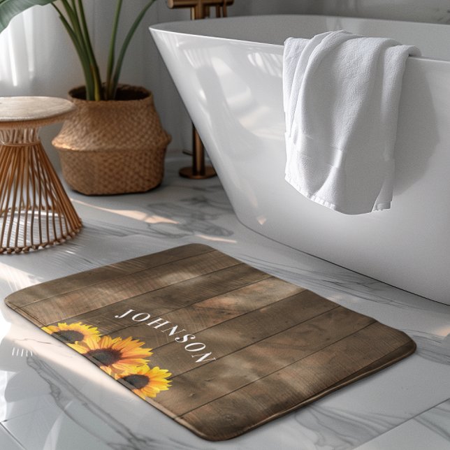 Rustic Wood & Sunflowers Personalised Bath Mat (Creator Uploaded)
