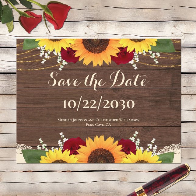 Rustic Wood Sunflowers Roses Wedding Save the Date Postcard (Creator Uploaded)