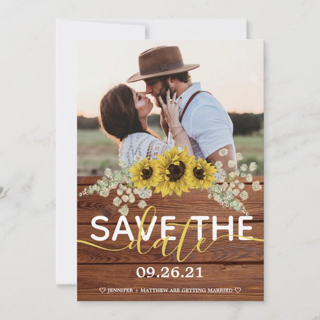 Rustic Wood Sunflowers Save the Date Announcement (Front)