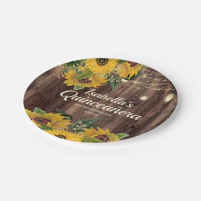 Rustic Wood Sunflowers String Lights Quinceañera Paper Plate (Angled)