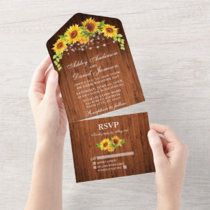 Rustic Wood Sunflowers String Lights Wedding All In One Invitation