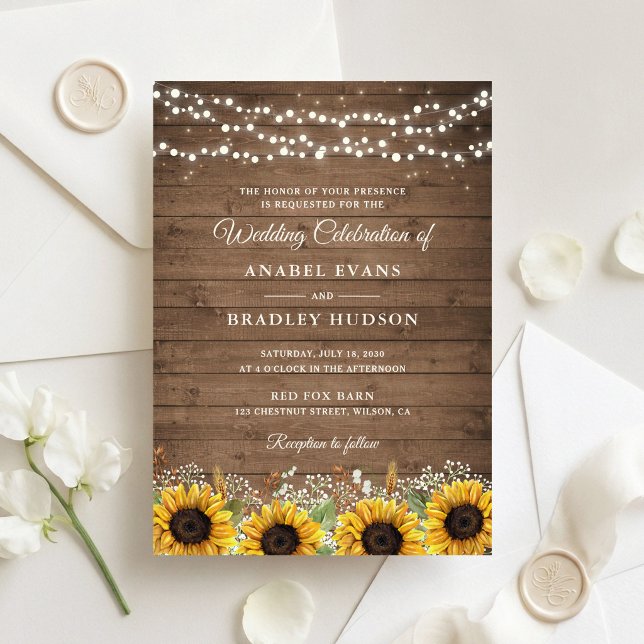 Rustic Wood Sunflowers String Lights Wedding Invitation (Creator Uploaded)